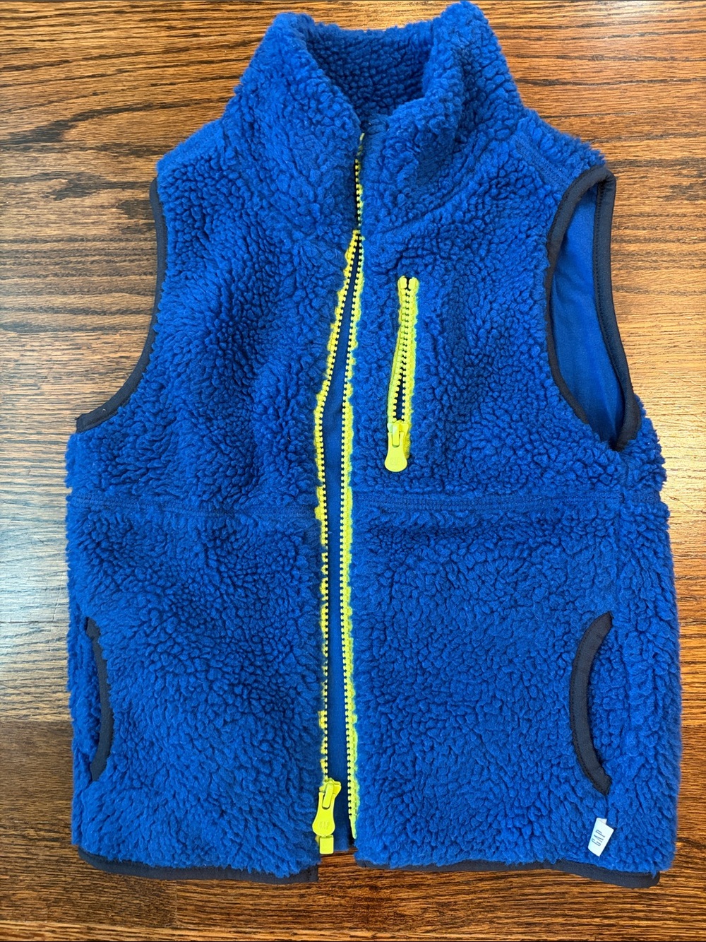 GAP Blue Sherpa Vest with Yellow Zipper Accents
